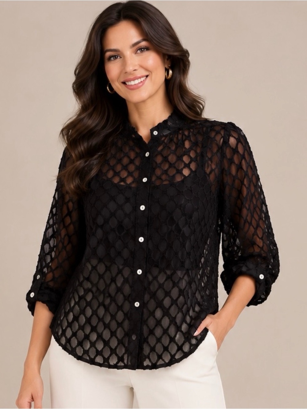 NWT Button Front Black Textured Flowy Top